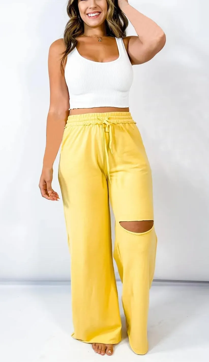 2 Piece Sets for Women Lounge Sweatsuit Crop Tops Drawstring Ripped Wide Leg Pants with Pockets 2024 Tracksuit