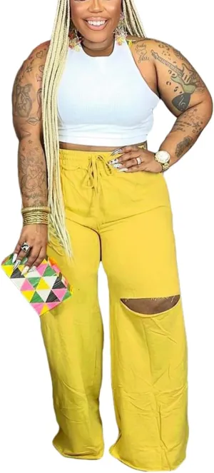 2 Piece Sets for Women Lounge Sweatsuit Crop Tops Drawstring Ripped Wide Leg Pants with Pockets 2024 Tracksuit