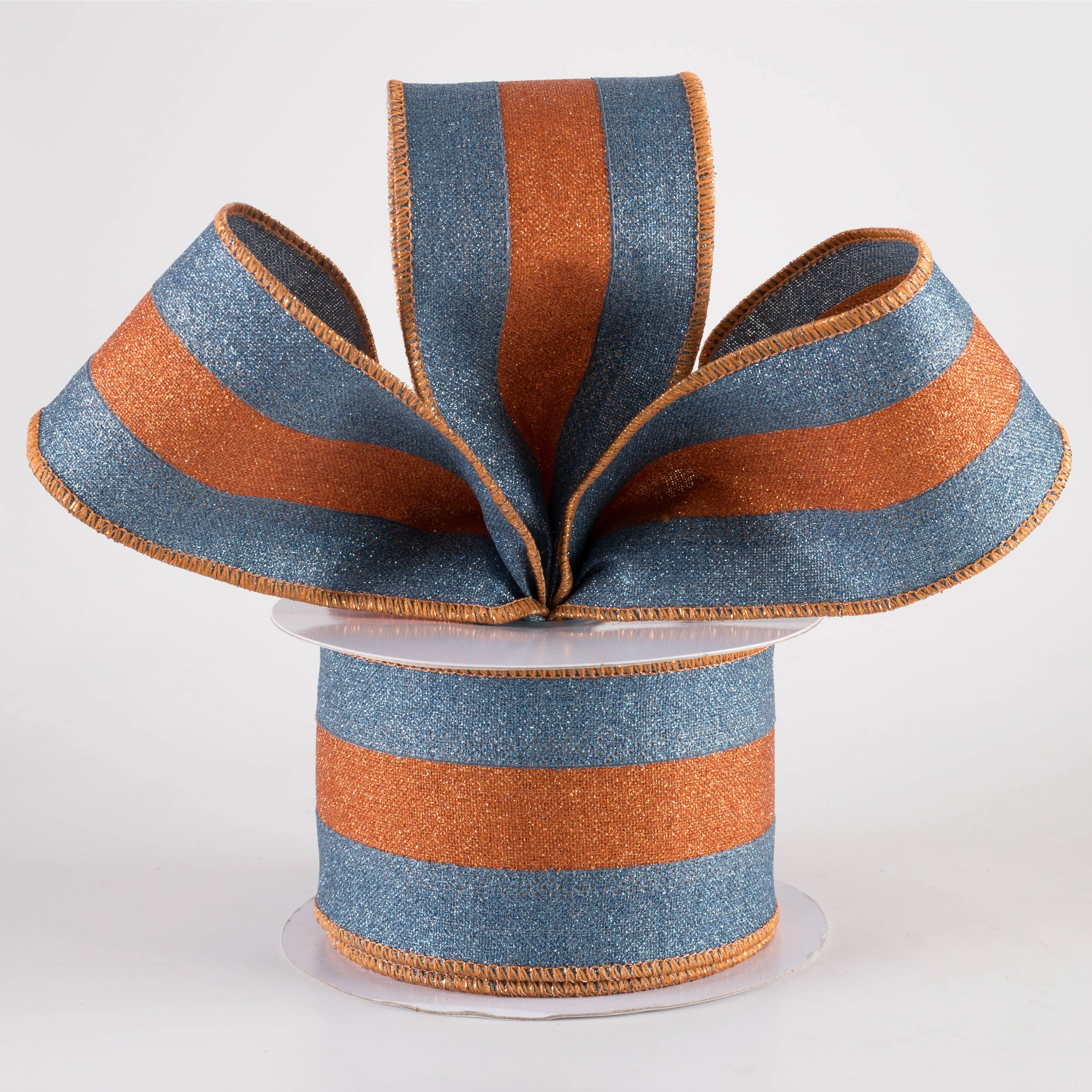 2.5" Stripe Fine Glitter on Royal Ribbon: Smoke Blue & Pumpkin Orange (10 Yards)