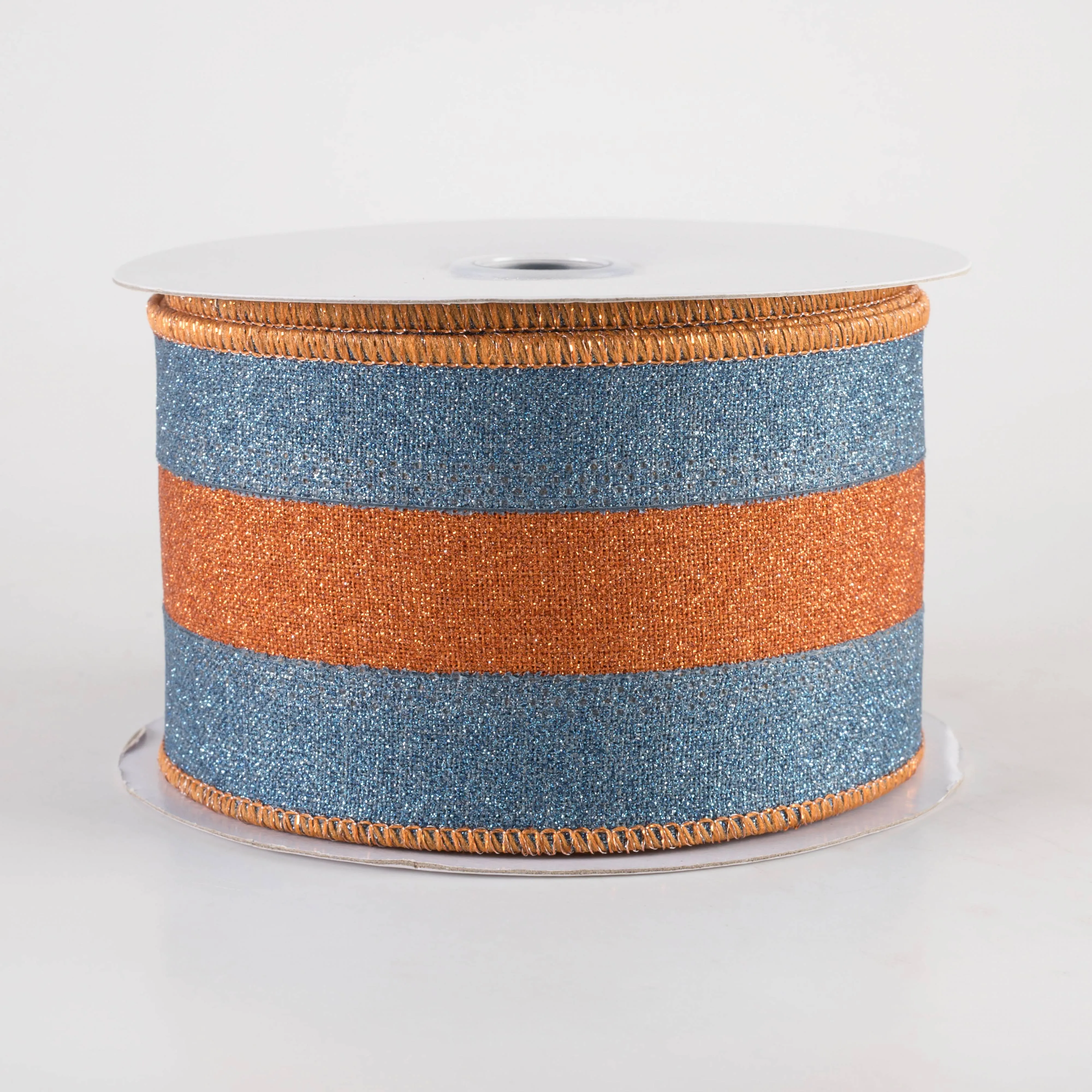 2.5" Stripe Fine Glitter on Royal Ribbon: Smoke Blue & Pumpkin Orange (10 Yards)