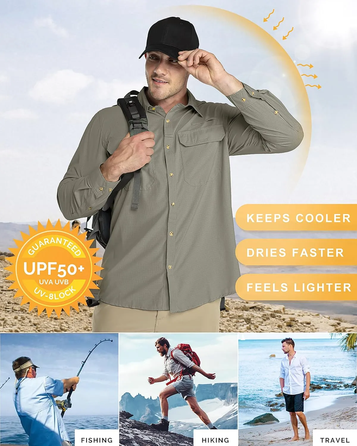 33,000ft Men's Long Sleeve Sun Protection Shirt UPF 50  UV Quick Dry Cooling Fishing Shirts for Travel Safari Camping Hiking
