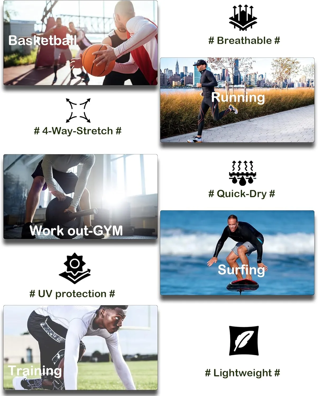 5 or 4 Pack Men's Compression Shirts Long Sleeve UPF SPF Rash Guard Workout Base Layer Undershirt Gear