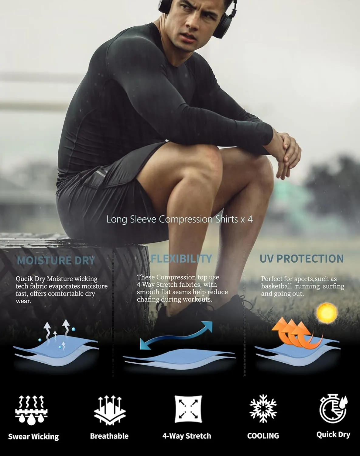 5 or 4 Pack Men's Compression Shirts Long Sleeve UPF SPF Rash Guard Workout Base Layer Undershirt Gear