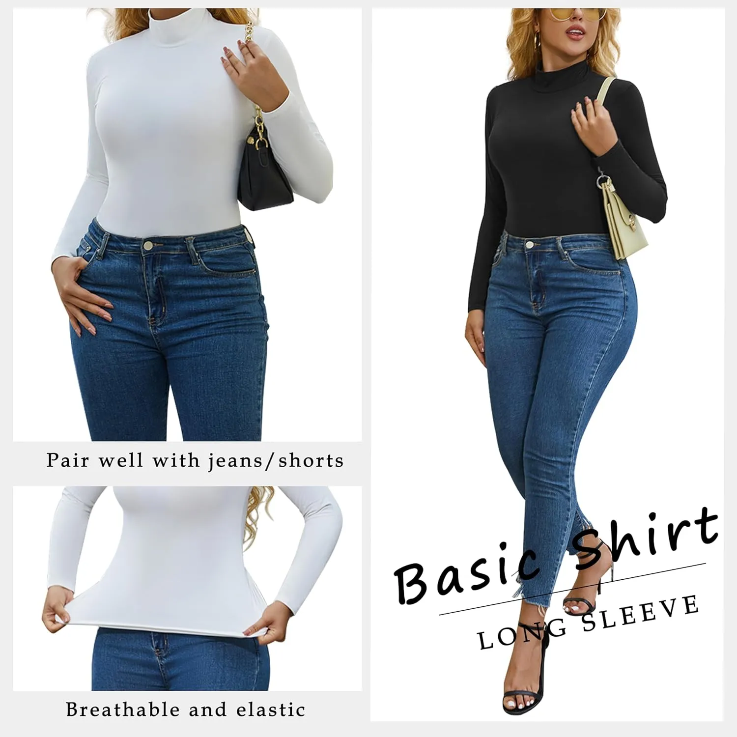 5 Pack Womens Long Sleeve Tops Mock Turtleneck Basic T Shirt Fall Stretch Tight Fitted Thermal Shirts