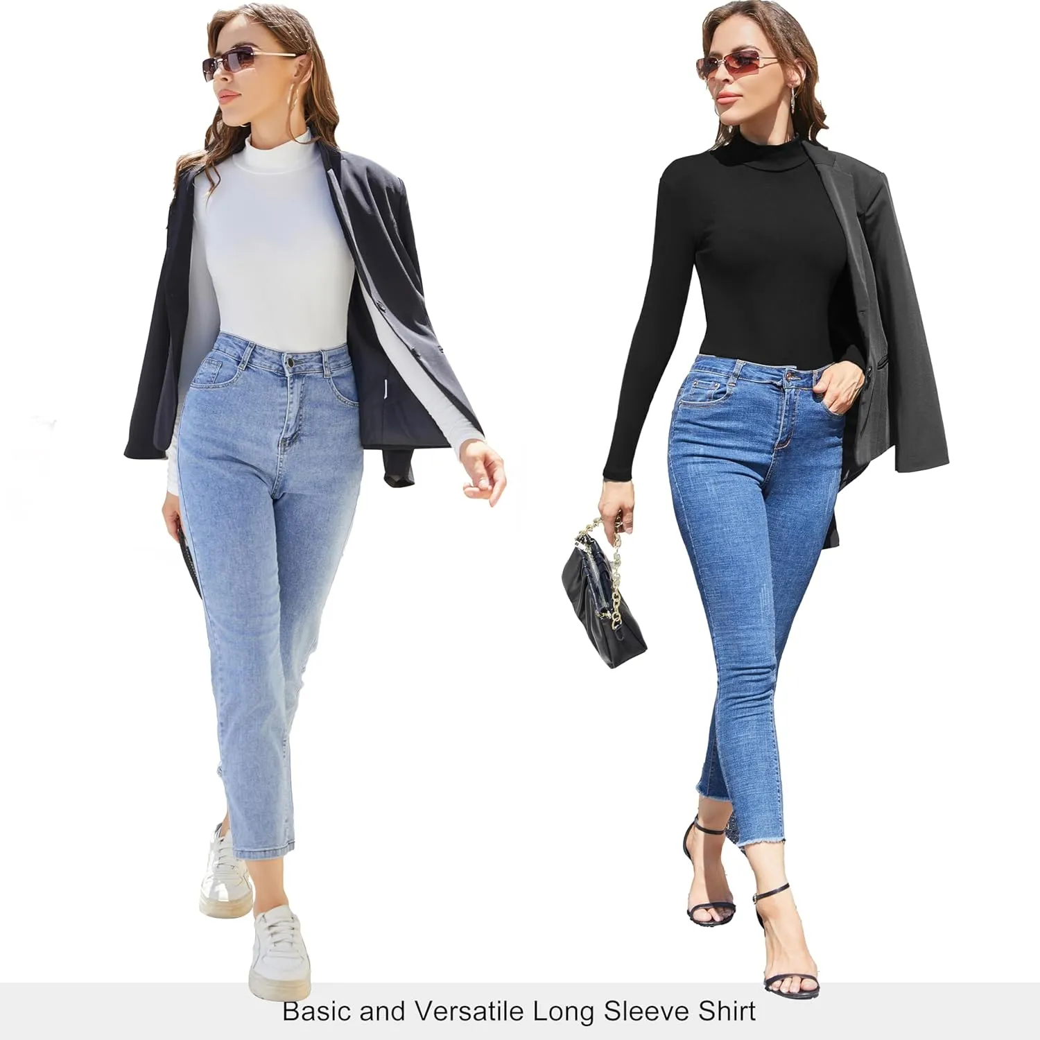 5 Pack Womens Long Sleeve Tops Mock Turtleneck Basic T Shirt Fall Stretch Tight Fitted Thermal Shirts