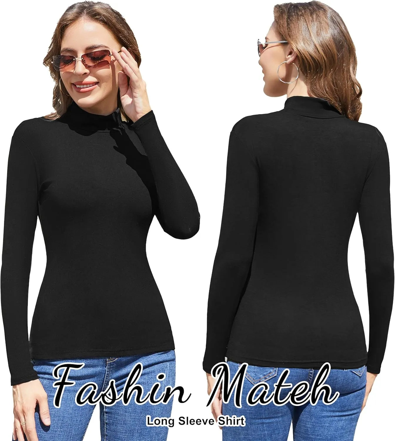 5 Pack Womens Long Sleeve Tops Mock Turtleneck Basic T Shirt Fall Stretch Tight Fitted Thermal Shirts