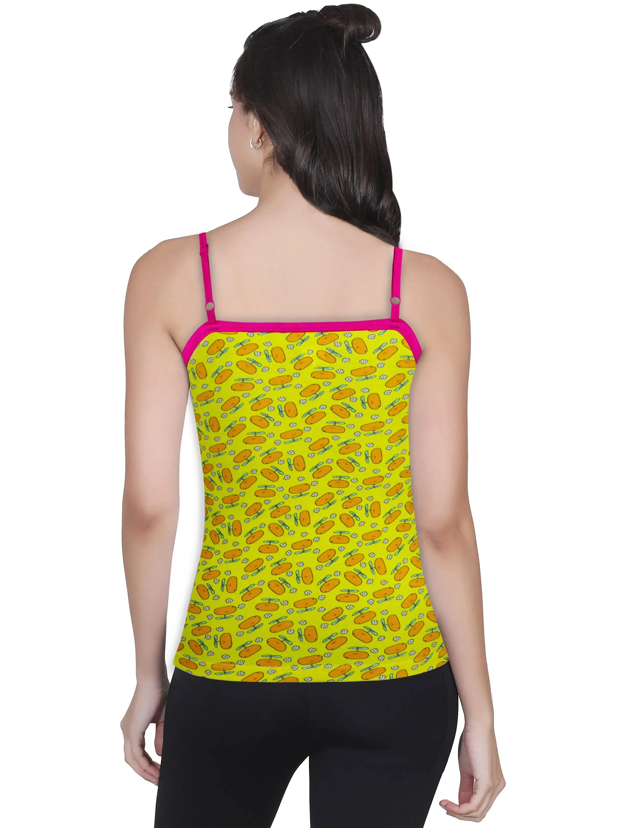 Adjustable Strap Yellow Printed High Coverage Cotton Padded Camisole Bra Pack-of-1