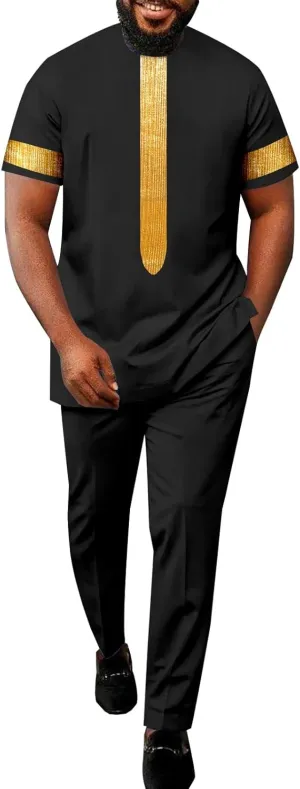 African Suits for Men Embroidery Short Sleeve Shirts and Pants 2 Piece Set Plus Size Casual Tracksuit