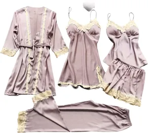 Akklian Sexy Pajama Set for Women 5 Piece Satin Lace Trim Silk Pjs Lounge Sets Sleepwear Cami Robes Nightgowns Shorts Pants