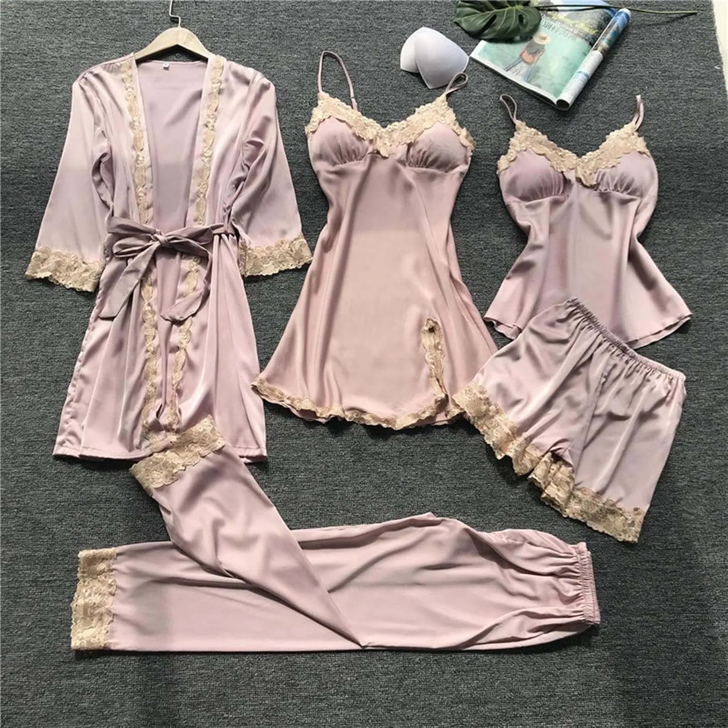 Akklian Sexy Pajama Set for Women 5 Piece Satin Lace Trim Silk Pjs Lounge Sets Sleepwear Cami Robes Nightgowns Shorts Pants