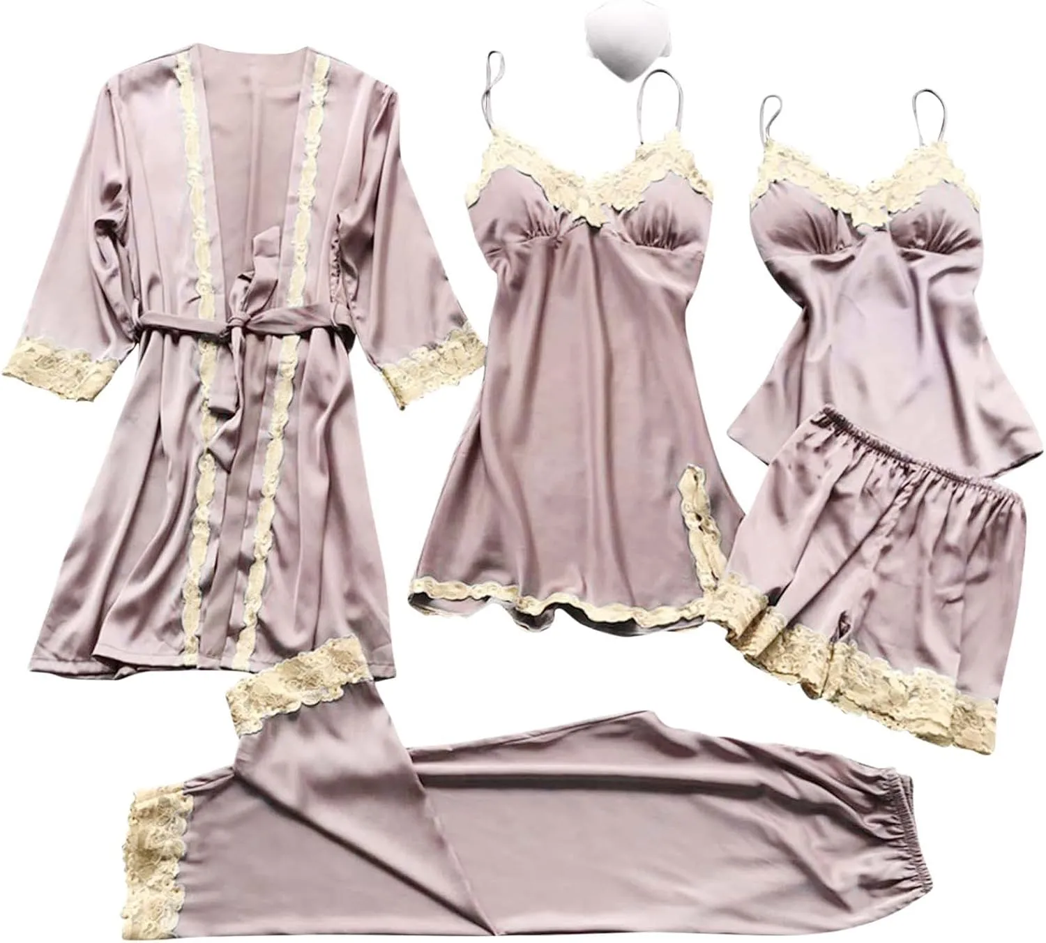 Akklian Sexy Pajama Set for Women 5 Piece Satin Lace Trim Silk Pjs Lounge Sets Sleepwear Cami Robes Nightgowns Shorts Pants