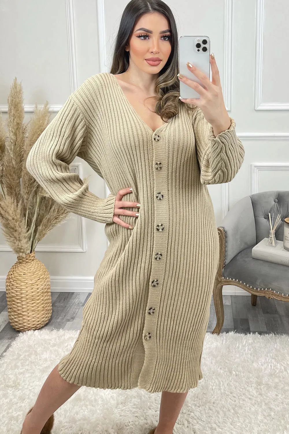 Alisha Beige Button Up Longline Ribbed Knitted Cardigan