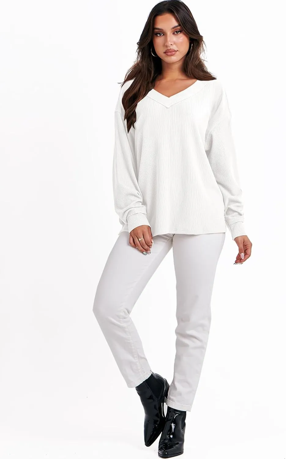 ANRABESS Oversized Long Sleeve Shirts for Women Off the Shoulder Sweatshirt Loose V Neck Tunic Tops High Low Sweater 2024