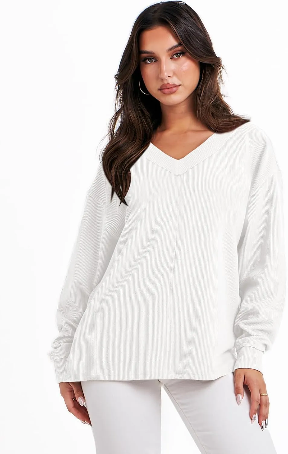 ANRABESS Oversized Long Sleeve Shirts for Women Off the Shoulder Sweatshirt Loose V Neck Tunic Tops High Low Sweater 2024