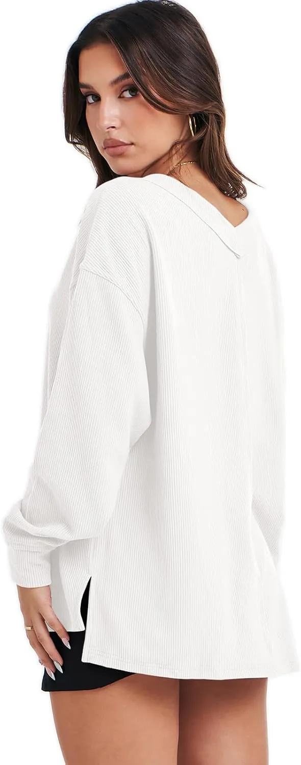 ANRABESS Oversized Long Sleeve Shirts for Women Off the Shoulder Sweatshirt Loose V Neck Tunic Tops High Low Sweater 2024