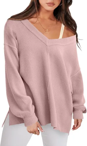 ANRABESS Oversized Long Sleeve Shirts for Women Off the Shoulder Sweatshirt Loose V Neck Tunic Tops High Low Sweater 2024