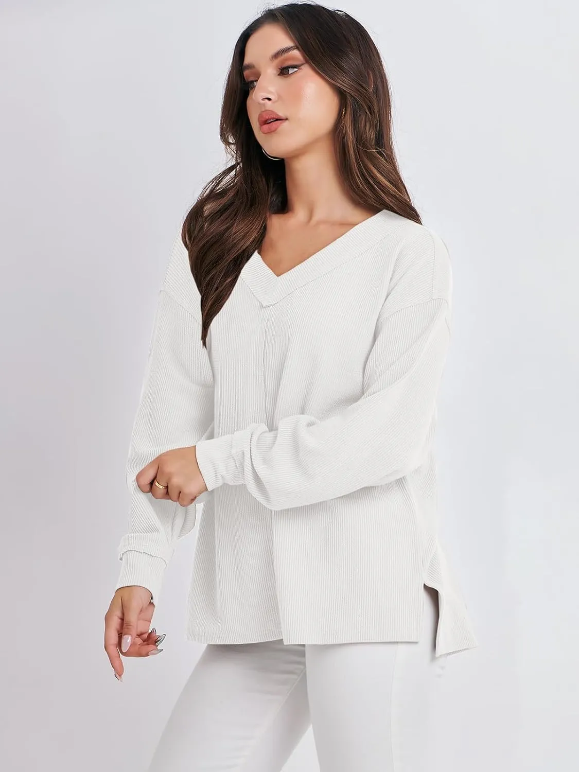 ANRABESS Oversized Long Sleeve Shirts for Women Off the Shoulder Sweatshirt Loose V Neck Tunic Tops High Low Sweater 2024