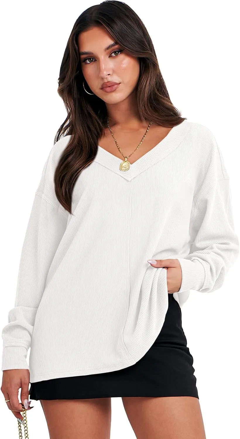 ANRABESS Oversized Long Sleeve Shirts for Women Off the Shoulder Sweatshirt Loose V Neck Tunic Tops High Low Sweater 2024