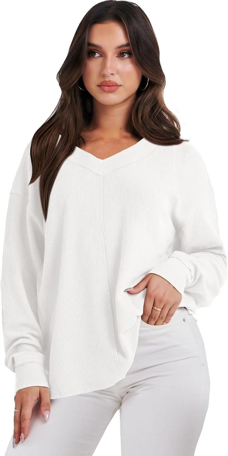 ANRABESS Oversized Long Sleeve Shirts for Women Off the Shoulder Sweatshirt Loose V Neck Tunic Tops High Low Sweater 2024