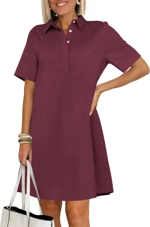 ANRABESS Women Button Down Shirts Dress Summer Casual Oversized Short Sleeve Mini Dresses with Pockets 2025 Trendy