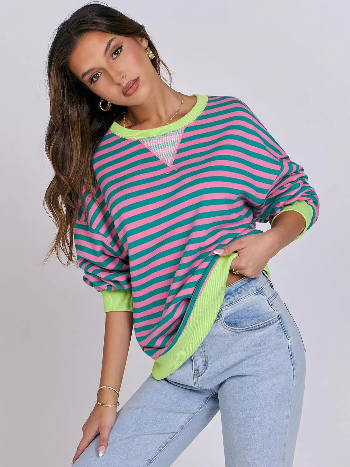 ANRABESS Women Striped Oversized Sweatshirt Crewneck Long Sleeve Shirts Hoodies 2025 Summer Fashion Pullover Top Y2K Outfits