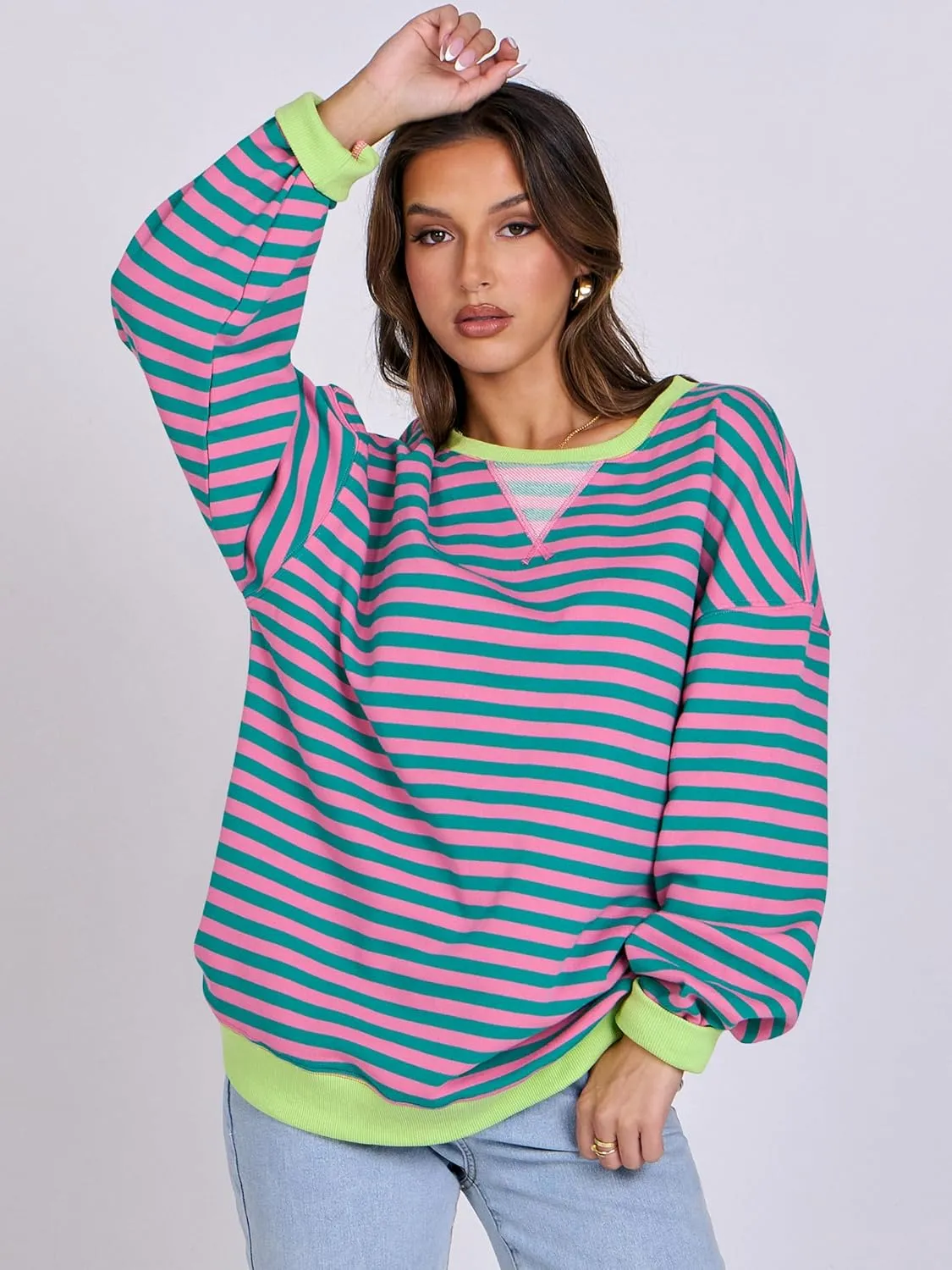 ANRABESS Women Striped Oversized Sweatshirt Crewneck Long Sleeve Shirts Hoodies 2025 Summer Fashion Pullover Top Y2K Outfits