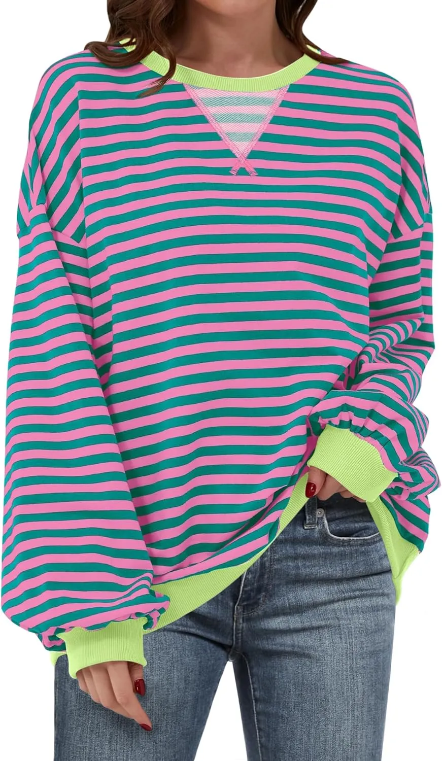 ANRABESS Women Striped Oversized Sweatshirt Crewneck Long Sleeve Shirts Hoodies 2025 Summer Fashion Pullover Top Y2K Outfits