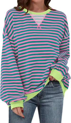 ANRABESS Women Striped Oversized Sweatshirt Crewneck Long Sleeve Shirts Hoodies 2025 Summer Fashion Pullover Top Y2K Outfits