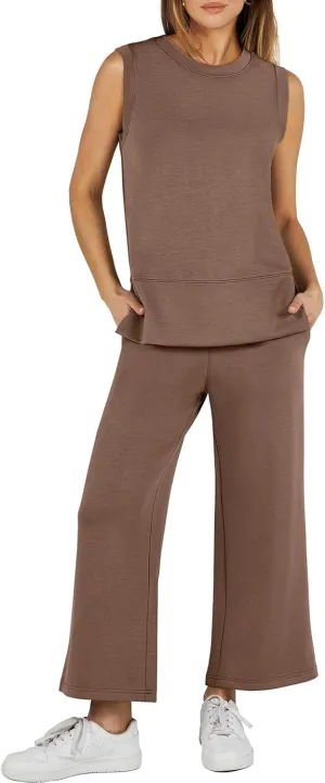 ANRABESS Women's 2 Piece Sets Summer Travel Airplane Outfits Sleeveless Wide Leg Casual Lounge Matching Sweat Set Sweatsuits