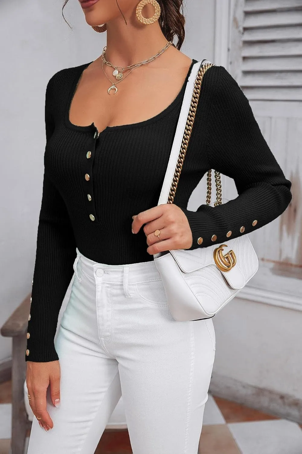 Apbondy Womens Sexy Long Sleeve Sweater Scoop Neck Button Up Fitted Pullover Shirts Tops