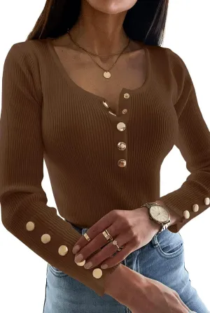 Apbondy Womens Sexy Long Sleeve Sweater Scoop Neck Button Up Fitted Pullover Shirts Tops