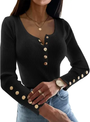 Apbondy Womens Sexy Long Sleeve Sweater Scoop Neck Button Up Fitted Pullover Shirts Tops