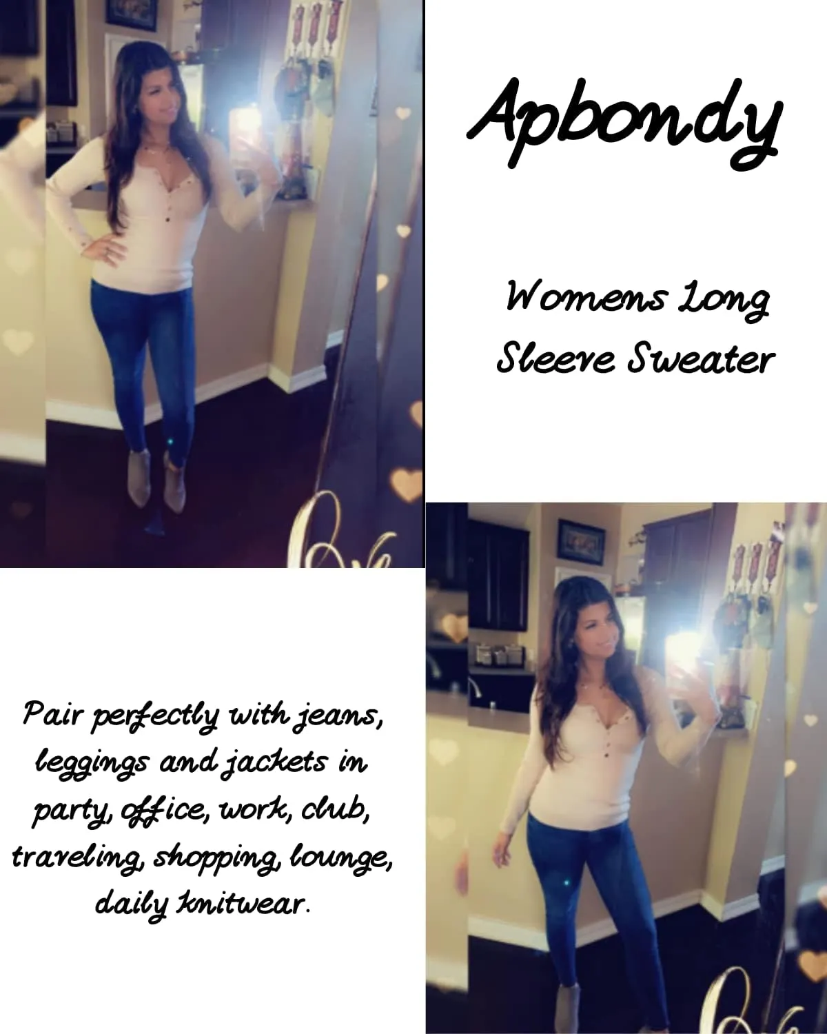 Apbondy Womens Sexy Long Sleeve Sweater Scoop Neck Button Up Fitted Pullover Shirts Tops