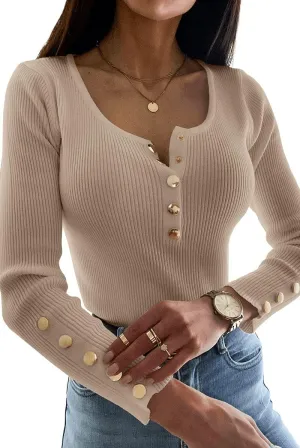 Apbondy Womens Sexy Long Sleeve Sweater Scoop Neck Button Up Fitted Pullover Shirts Tops