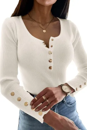 Apbondy Womens Sexy Long Sleeve Sweater Scoop Neck Button Up Fitted Pullover Shirts Tops