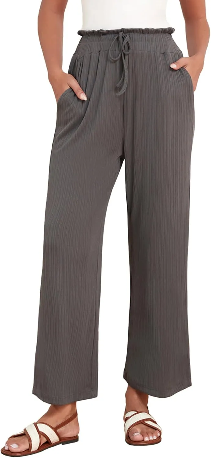 Aranmei Womens Wide Leg Palazzo Lounge Pants with Pockets Comfy Casual High Waist Drawstring Ribbed Trousers