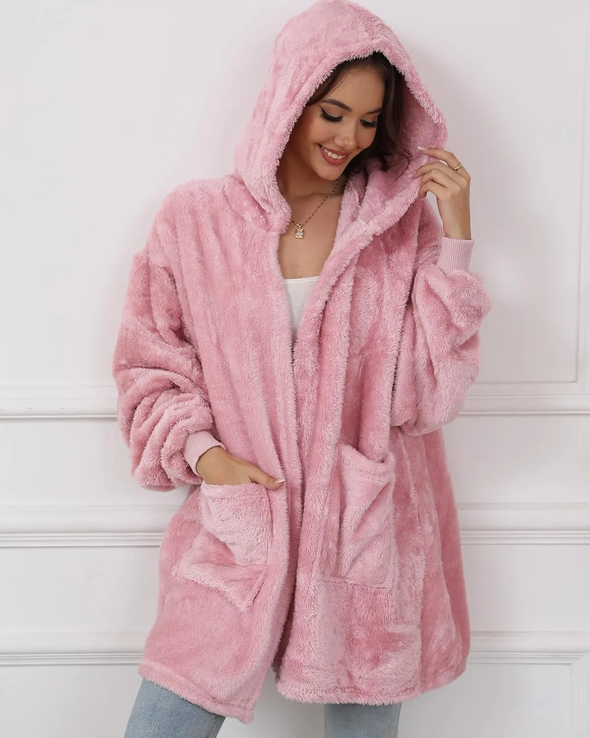 Argstar Hooded Cardigan for Women and Men, Oversized Sweatshirt Fuzzy Fleece Blanket Hoodie Jacket - One Size Fits All