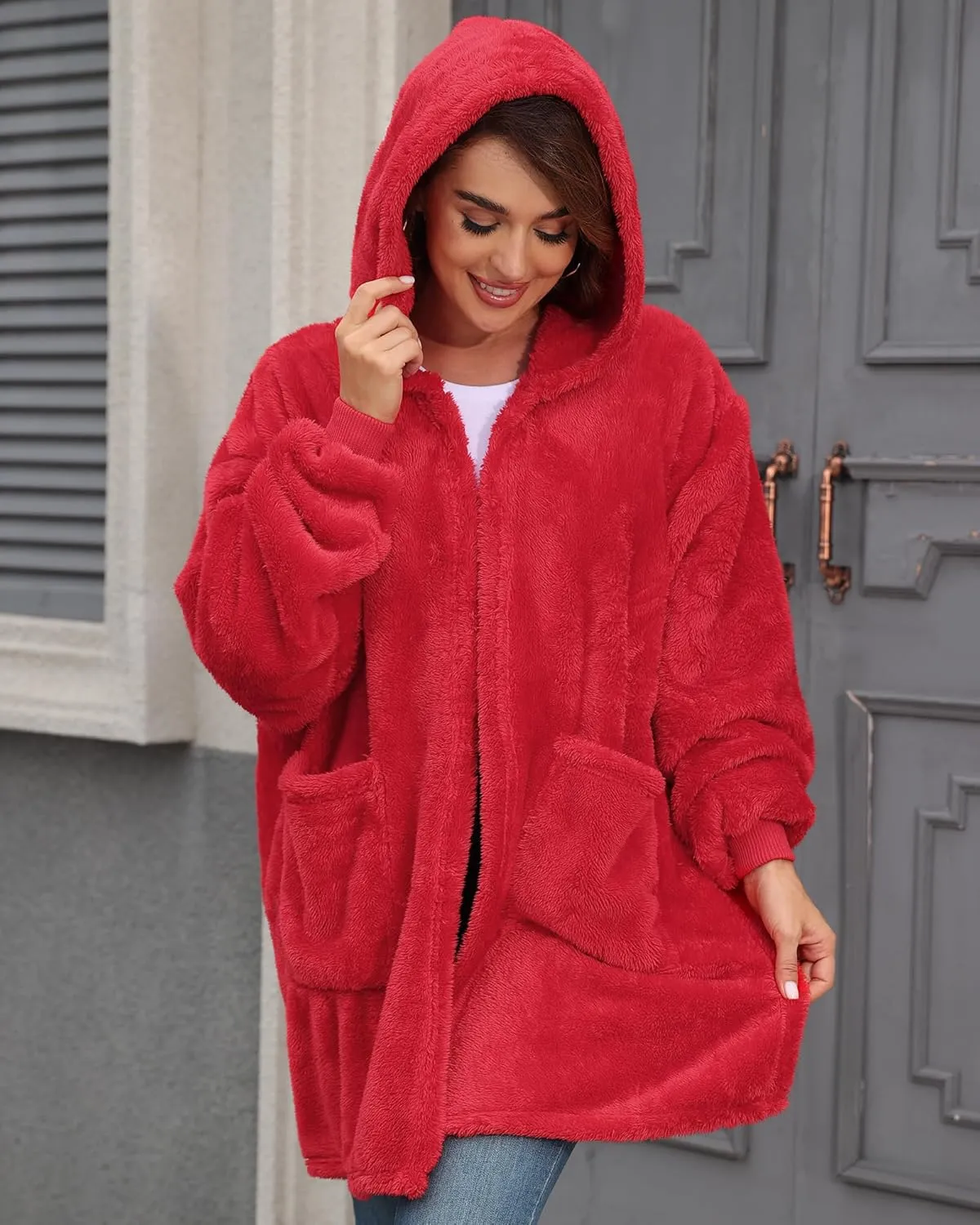 Argstar Hooded Cardigan for Women and Men, Oversized Sweatshirt Fuzzy Fleece Blanket Hoodie Jacket - One Size Fits All