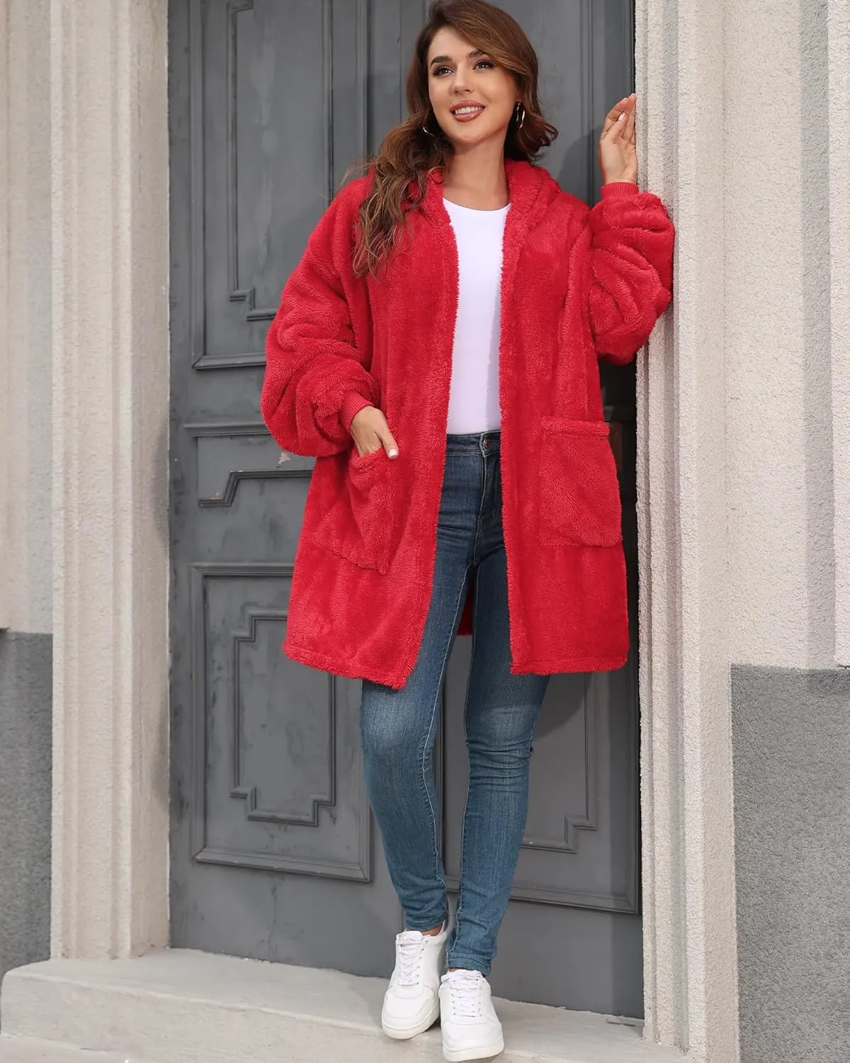 Argstar Hooded Cardigan for Women and Men, Oversized Sweatshirt Fuzzy Fleece Blanket Hoodie Jacket - One Size Fits All