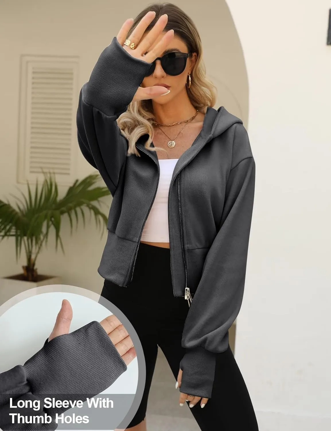 Arssm Cropped Hoodie Women Zip Up Long Sleeve Sweatshirts Casual Fashion Hooded Workout Jacket Crop Top