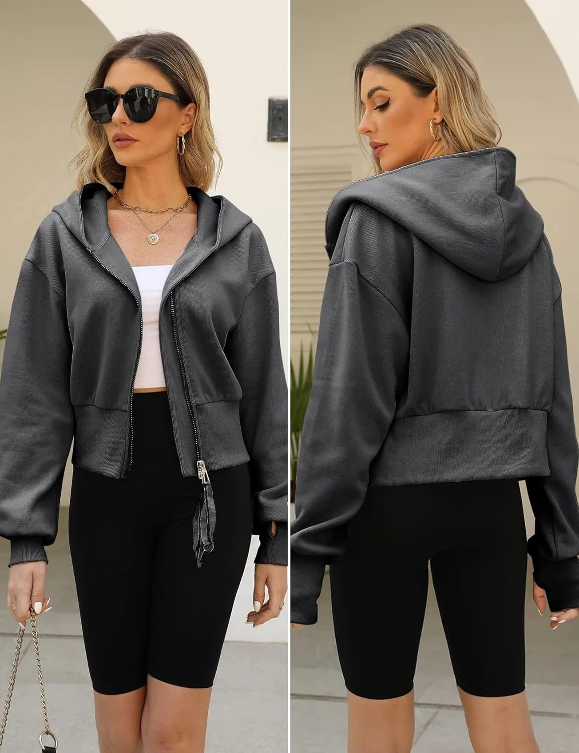 Arssm Cropped Hoodie Women Zip Up Long Sleeve Sweatshirts Casual Fashion Hooded Workout Jacket Crop Top