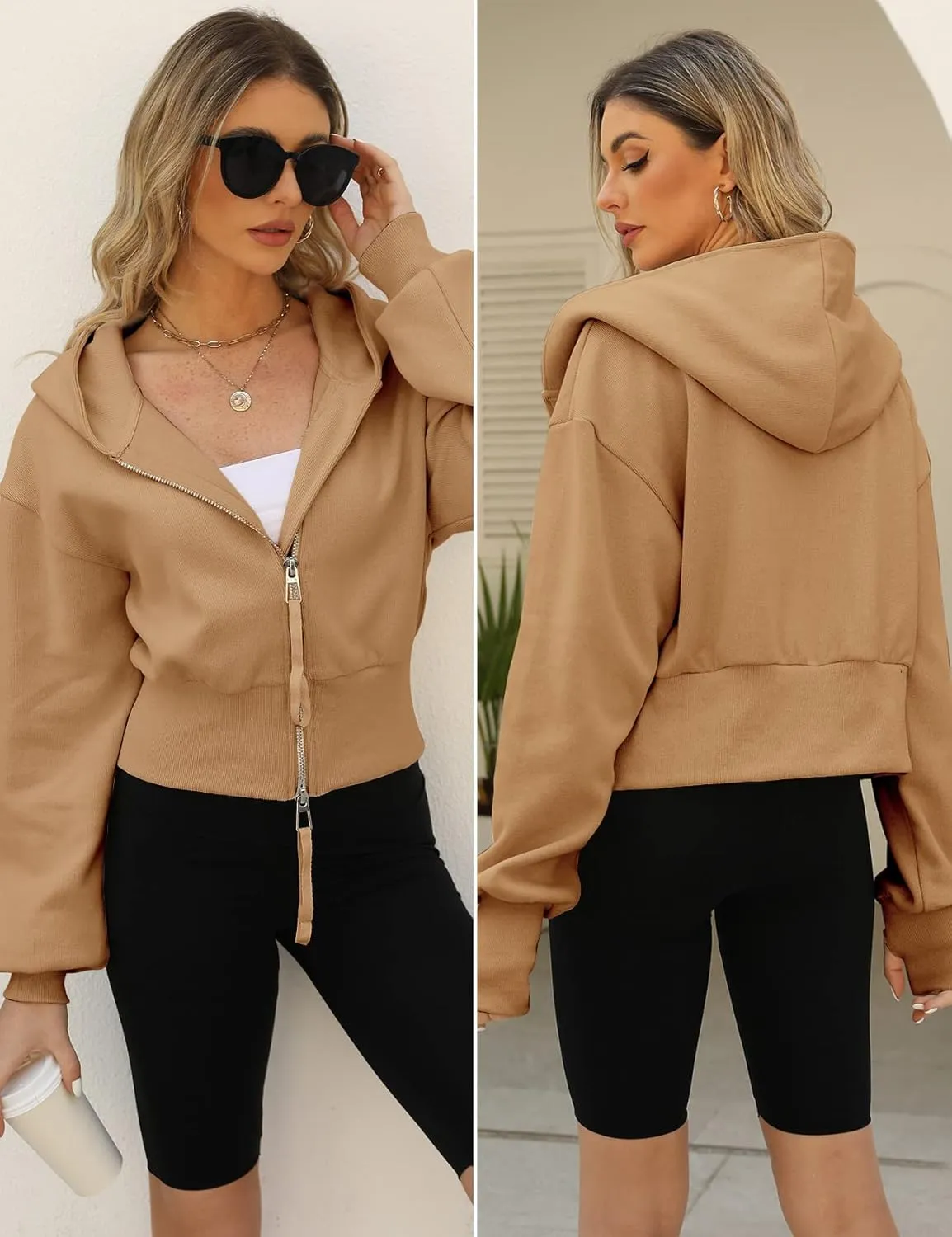 Arssm Cropped Hoodie Women Zip Up Long Sleeve Sweatshirts Casual Fashion Hooded Workout Jacket Crop Top