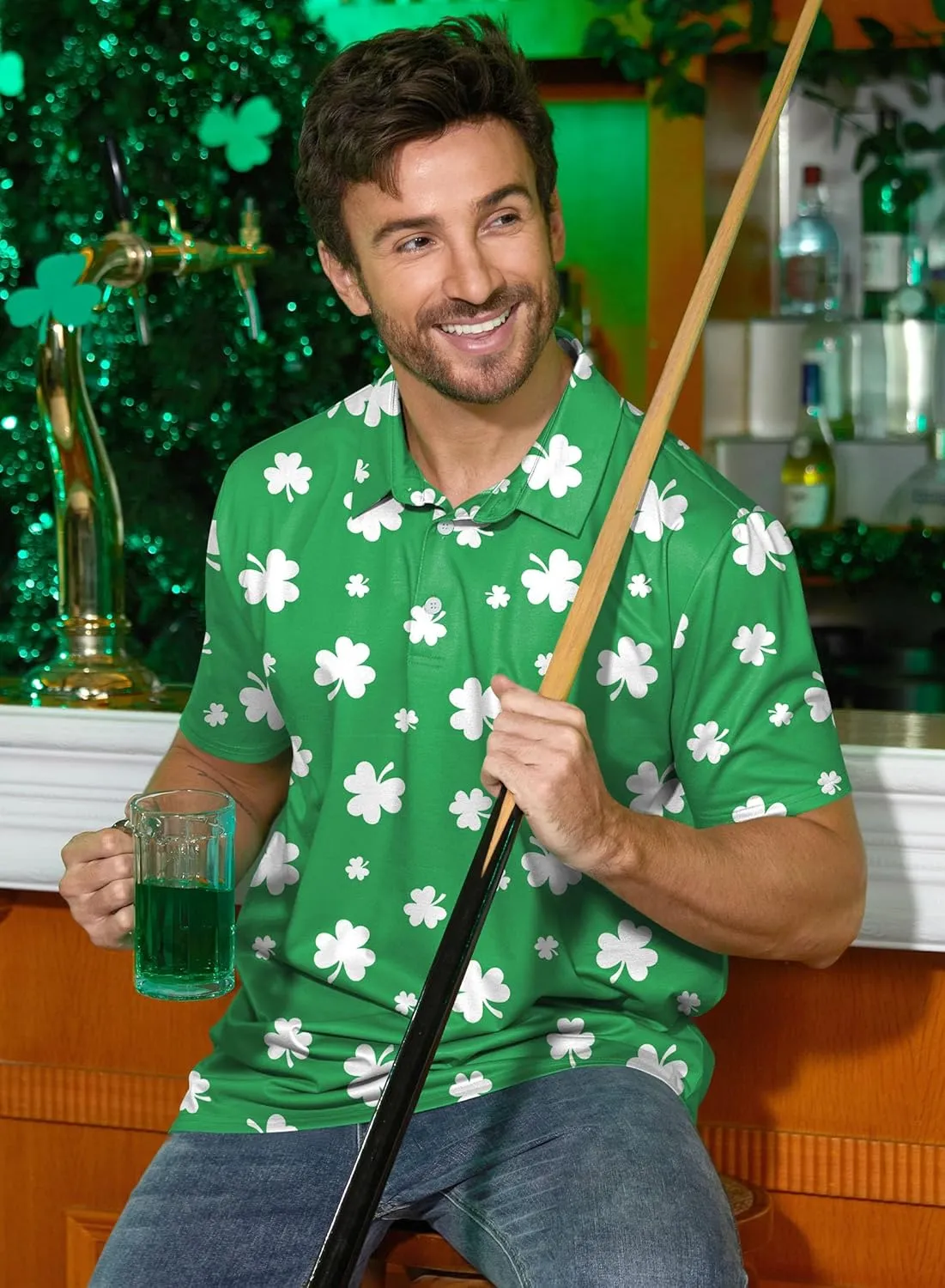 Arvilhill Men's St Patrick's Polo Shirt Irish Clover Short Sleeve Golf Shirts (S-3XL)