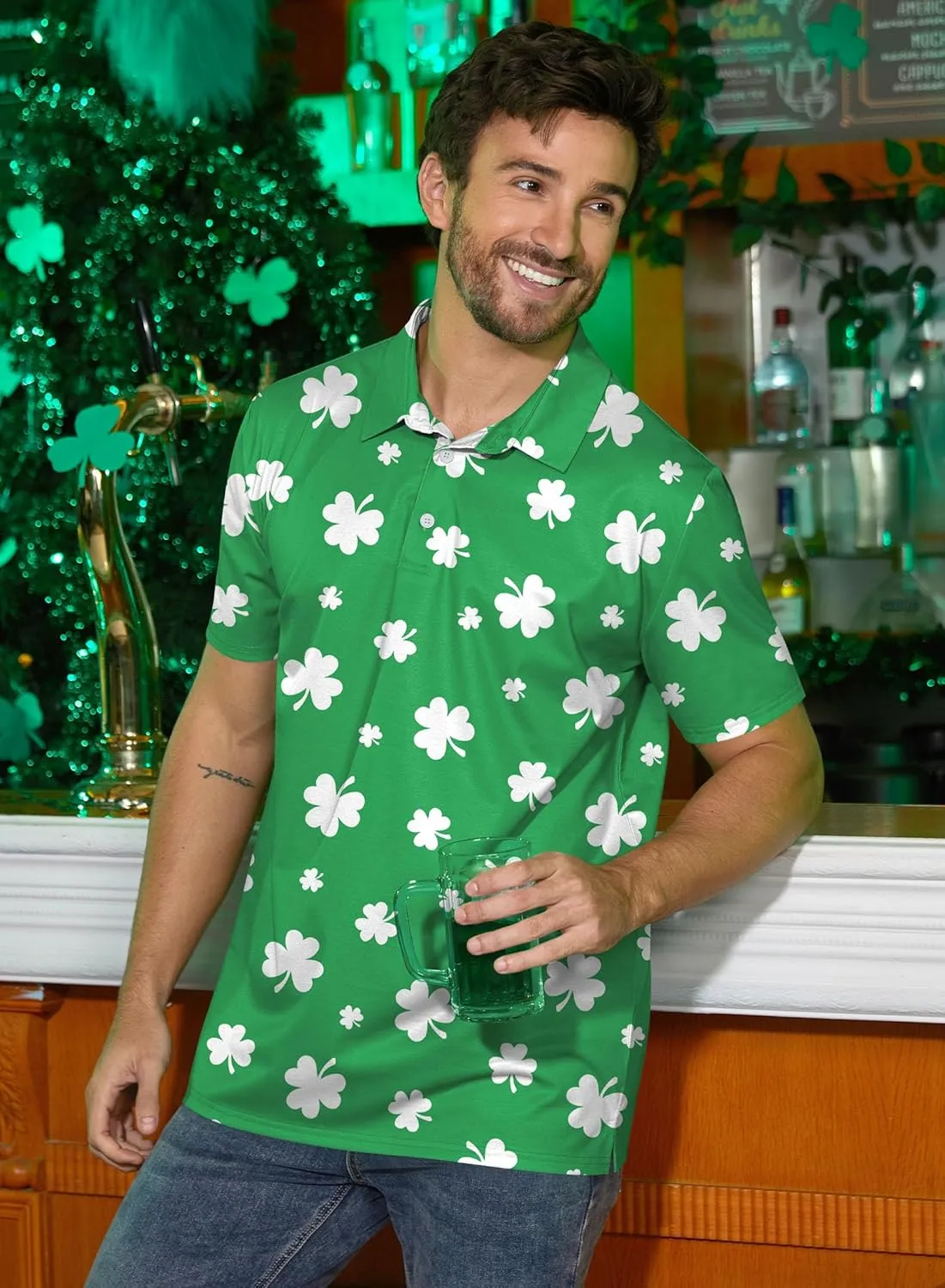 Arvilhill Men's St Patrick's Polo Shirt Irish Clover Short Sleeve Golf Shirts (S-3XL)