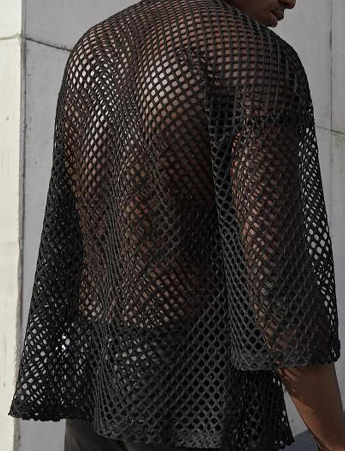 AUBIG Men's See Through Lace Sexy Party Club Shirt Top Hollow Out Fishnet Shirts Muscle Blouse Clubwear