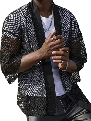 AUBIG Men's See Through Lace Sexy Party Club Shirt Top Hollow Out Fishnet Shirts Muscle Blouse Clubwear