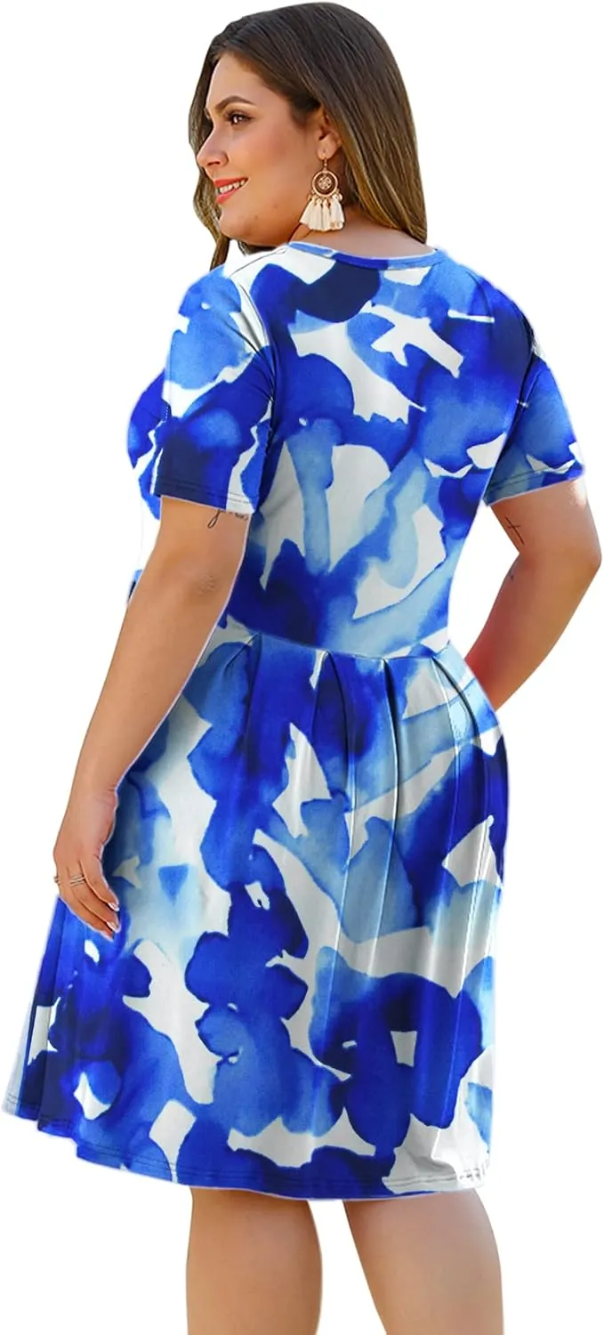 AUSELILY Women's Plus Size Round Neck Pleated Swing Dress with Pockets Knee Length