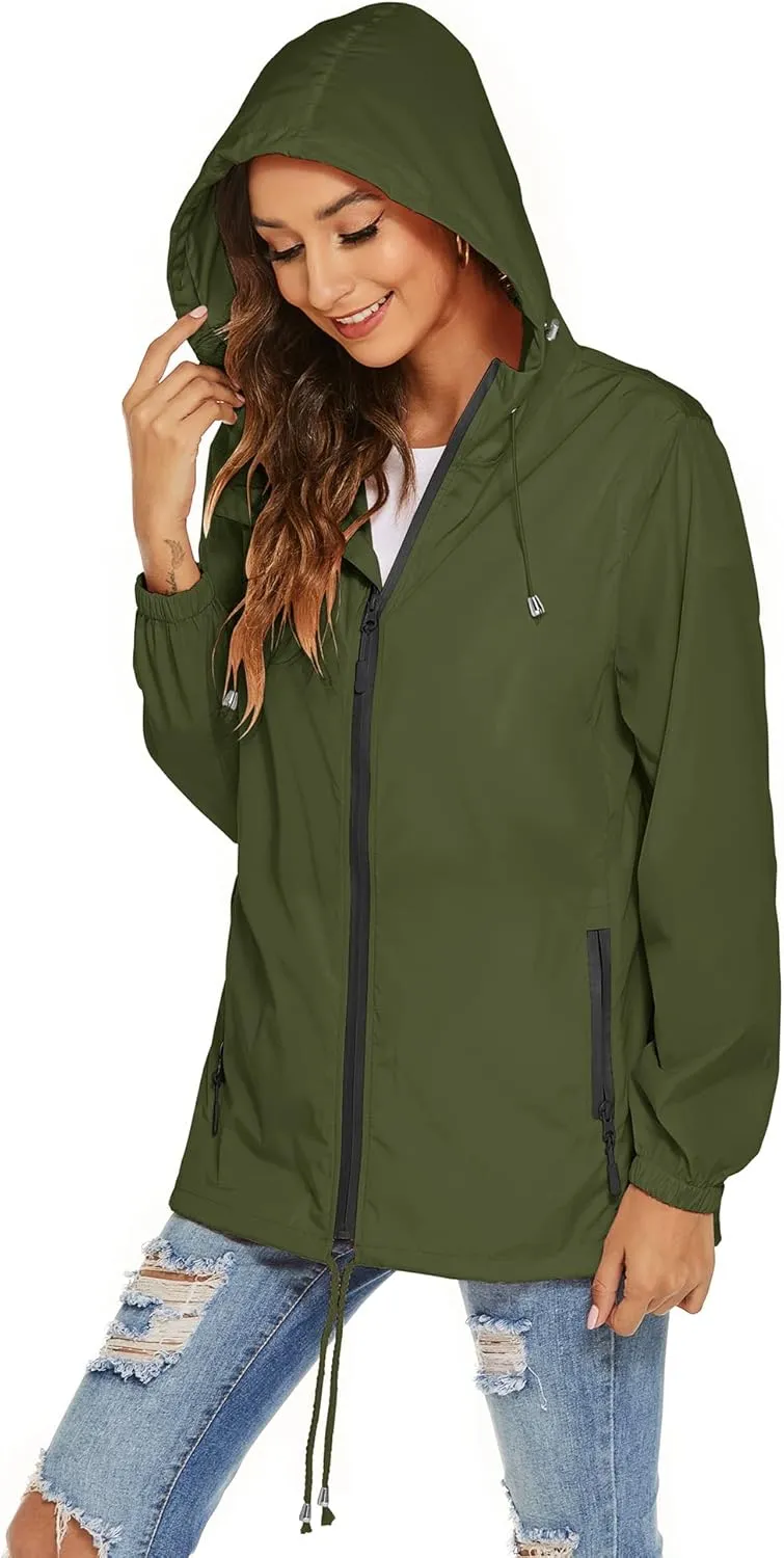 Avoogue Womens Waterproof Raincoat Lightweight Breathable Rain Jacket Hooded Rain Coat Outdoor Active Windbreaker with Pocket