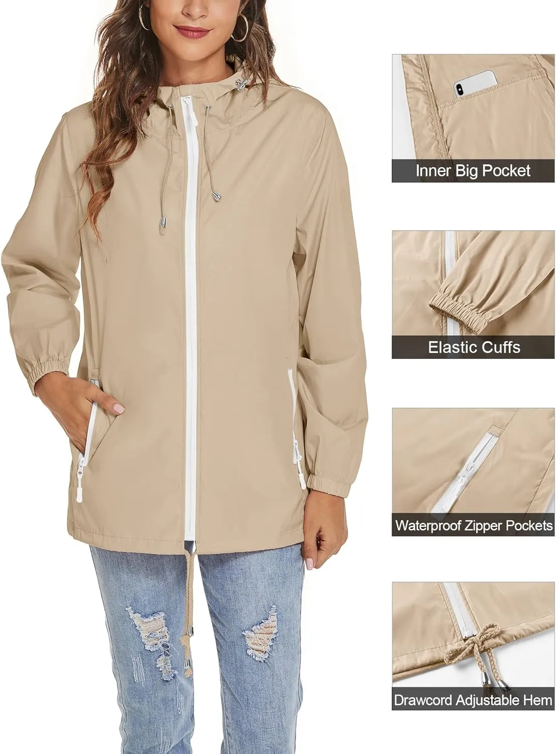Avoogue Womens Waterproof Raincoat Lightweight Breathable Rain Jacket Hooded Rain Coat Outdoor Active Windbreaker with Pocket