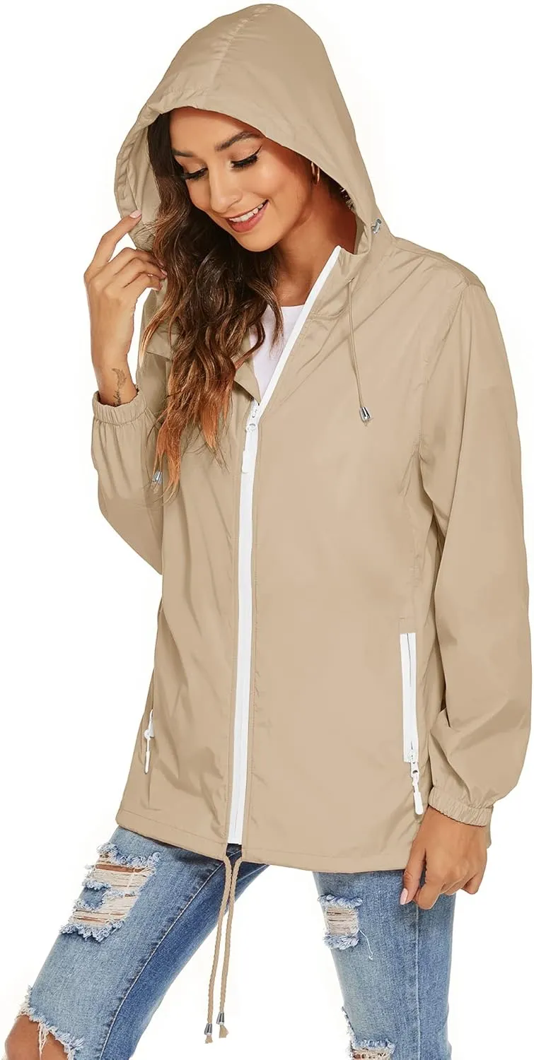 Avoogue Womens Waterproof Raincoat Lightweight Breathable Rain Jacket Hooded Rain Coat Outdoor Active Windbreaker with Pocket